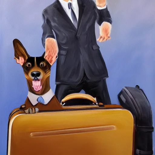 Image similar to A beautiful painting of a man, with what appears to be a dog, in a business suit with a suitcase. The man's eyes are wide and his mouth is open, as if he is screaming. The dog is also in a business suit and is looking at the man with a perplexed expression. The background is a swirl of colors and shapes. studio lighting, light violet by Wim Wenders straight