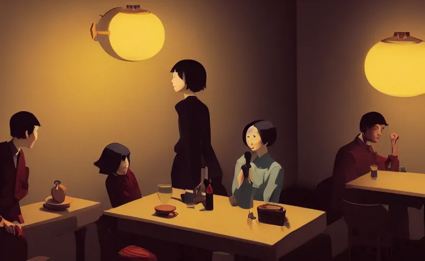 Image similar to a mysterious dimly lit dinner scene japanese digital art illustration by atey ghailan and escher and edward hopper, surreal