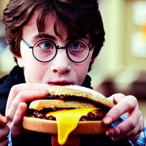 Image similar to Harry Potter eating a cheeseburger, photo realistic, award-winning, highly-detailed, epic, cinematic, dramatic