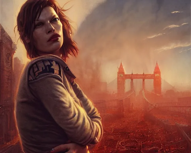 Image similar to highly detailed portrait of milla jovovich, in 2 8 days later, stephen bliss, unreal engine, fantasy art by greg rutkowski, loish, rhads, ferdinand knab, makoto shinkai and lois van baarle, ilya kuvshinov, rossdraws, tom bagshaw, global illumination, radiant light, detailed and intricate environment