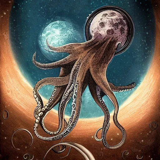 Prompt: The moon as an octopus in space, photorealistic, high definition, fantasy, steampunk