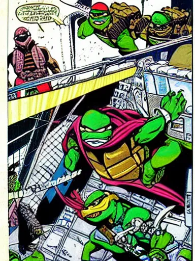 Prompt: full - color illustration by kevin eastman and peter laird from the cover of a 1 9 8 5 tmnt comic book depicting the ninja turtles fighting against the terminator endoskeleton inside the cluttered cyberdyne lab.