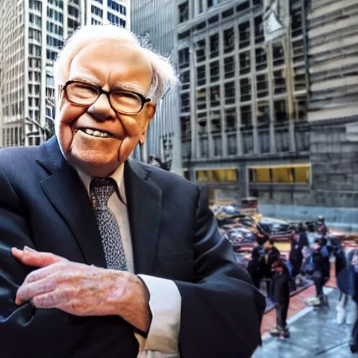 Image similar to warren buffet in thanos body standing outside wall street stock exchange, reality, realistic, detailed, 8 k, award winning, wide shot,