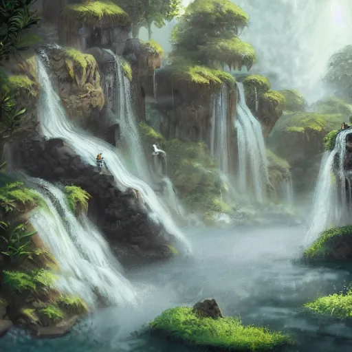 Prompt: fantasy landscape of a rundown house in a waterfall, anime, trending in artstation, 8k