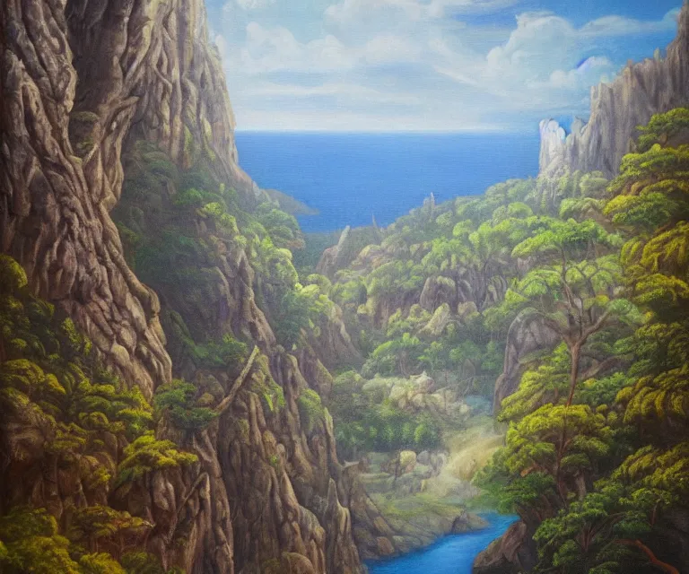 Image similar to medieval fantasy artwork. woodland with cliffs in the background. on top of the cliffs is a radiant castle made of pure blue light!!! oil on canvas.