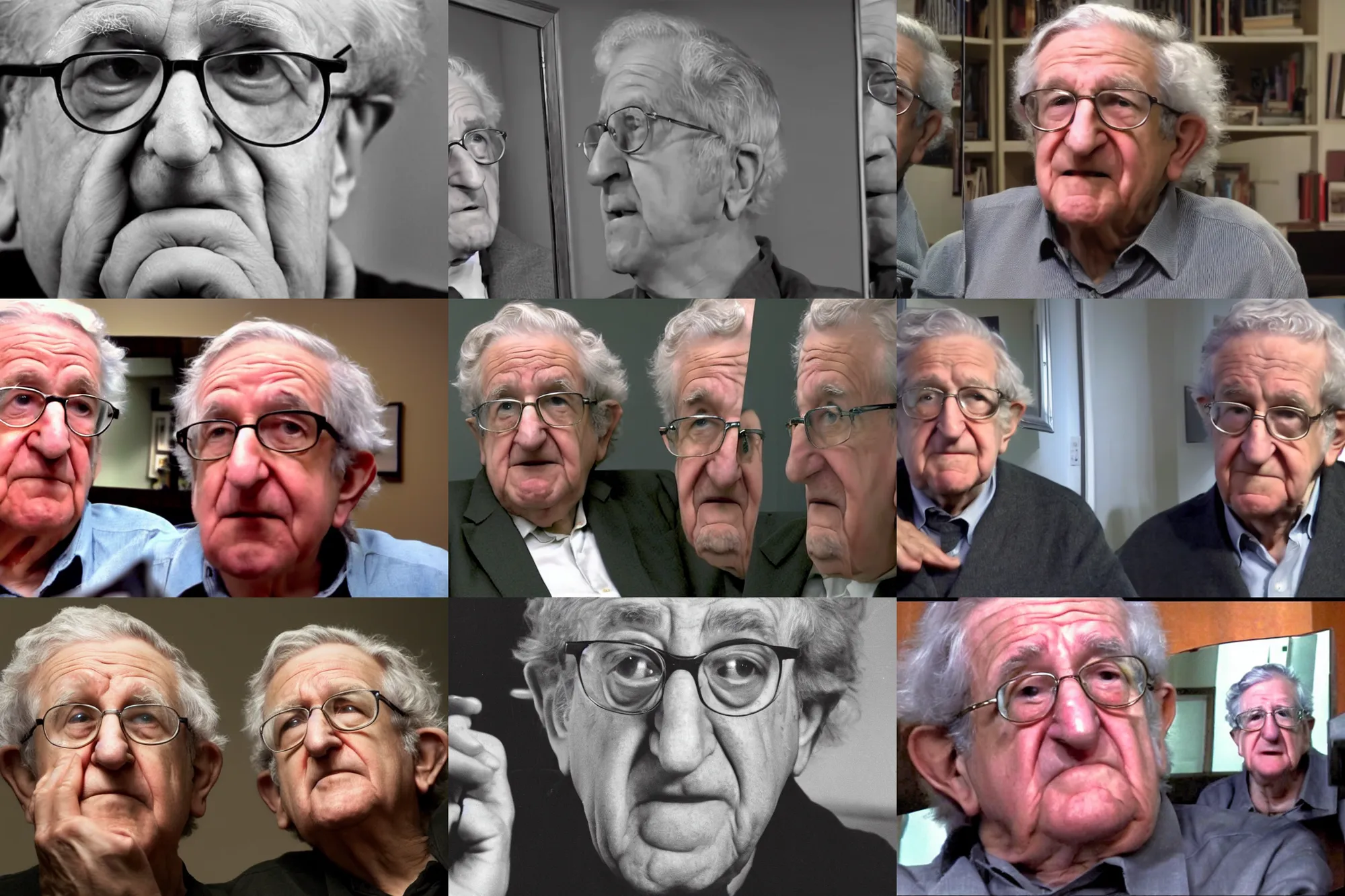 Prompt: noam chomsky sees himself in a mirror looking back at himself whilst watching himself from afar, 4 k, hd