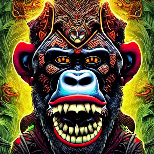 Image similar to barong family member, wiwek, mara demon, one single tribe member, jungle, one single mask, dark, ancient warrior, grumpy gorilla, lizard, tribal, inner glow, art by dan mumford and justin gerard