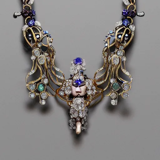 Prompt: artnouveau necklace of a woman's face with open eyes and messy hair in a bundle surrounded by gemstones highly detailed art by rene lalique