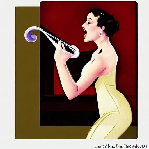 Prompt: art deco painting of a sultry young woman singing jazz in a club, style of norman rockwell, album art