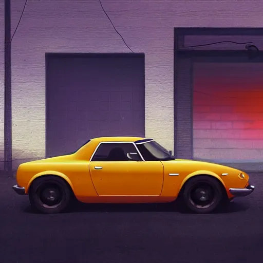 Image similar to concept art of a retro mazda in front of a garage, greg rutkowski, 8 k, highly detailed, neon colors, volumetric lighting