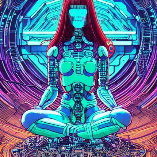 Prompt: a portrait of a beautiful cybernetic woman meditating, wires, cyberpunk concept art by josan gonzales and philippe druillet and dan mumford and enki bilal and jean claude meziere