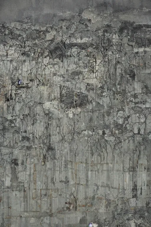 Image similar to painterly warped wadded knotted heap, dull grey expressionism, masterful rendering masterpiece mural by yoshitomo nara