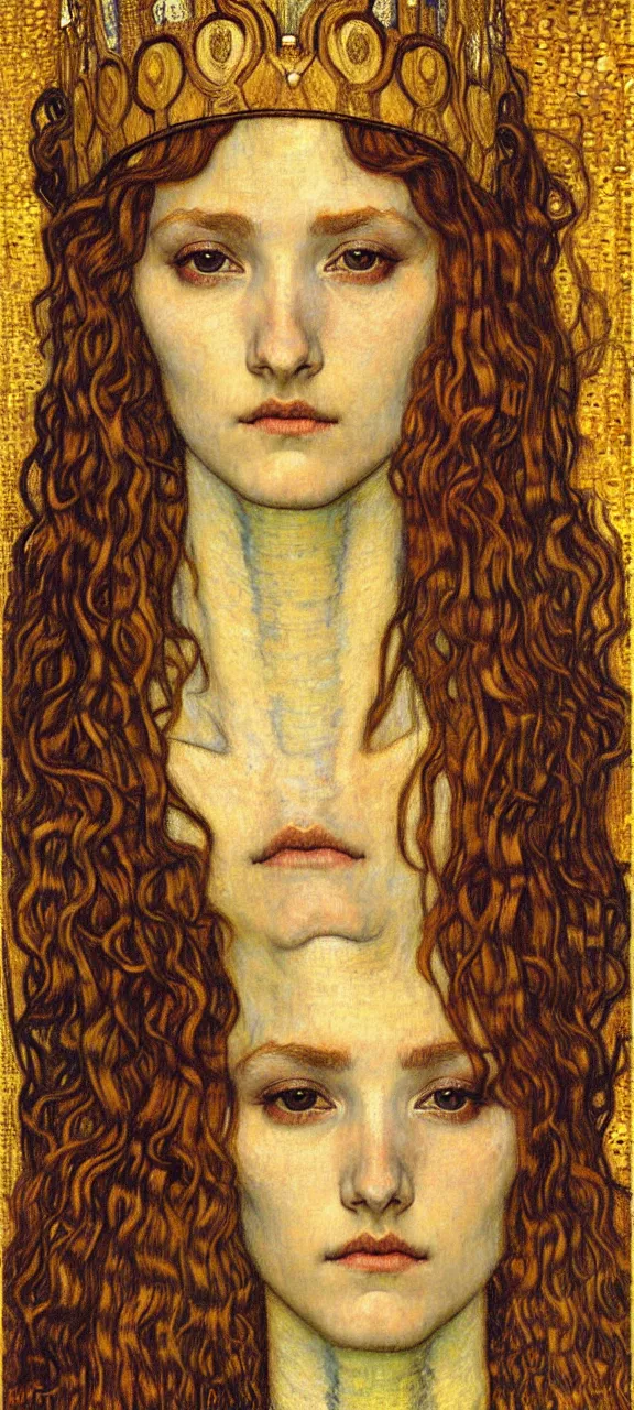 Image similar to detailed realistic beautiful young medieval queen face portrait by jean delville, gustav klimt and vincent van gogh, art nouveau, symbolist, visionary, gothic, pre - raphaelite, muted earthy colors, desaturated