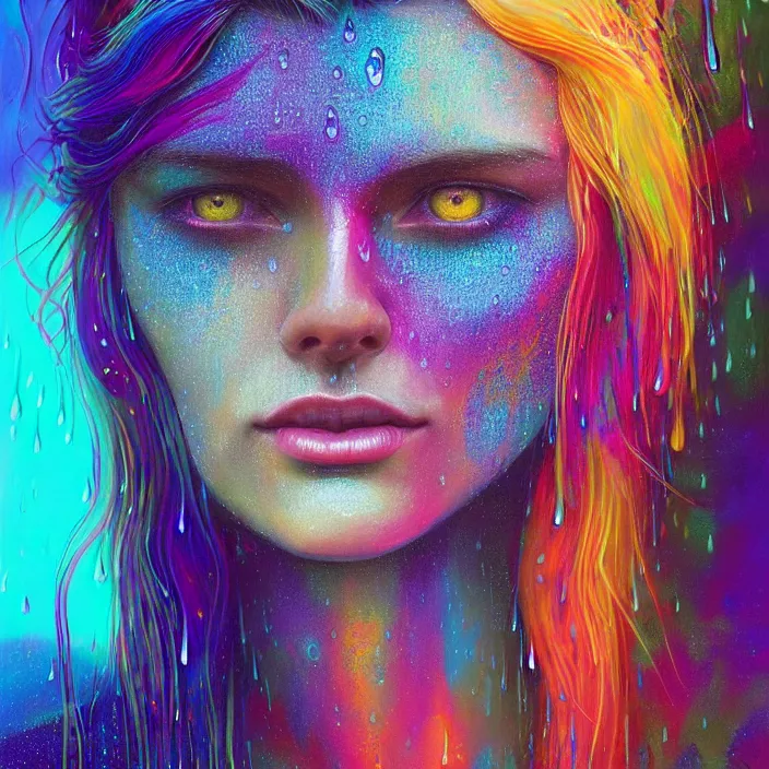 Image similar to bright psychedelic portrait with rain on face and wet hair, wings, smiling, diffuse lighting, fantasy, intricate, elegant, highly detailed, lifelike, photorealistic, digital painting, artstation, illustration, concept art, smooth, sharp focus, art by John Collier and Albert Aublet and Krenz Cushart and Artem Demura and Alphonse Mucha