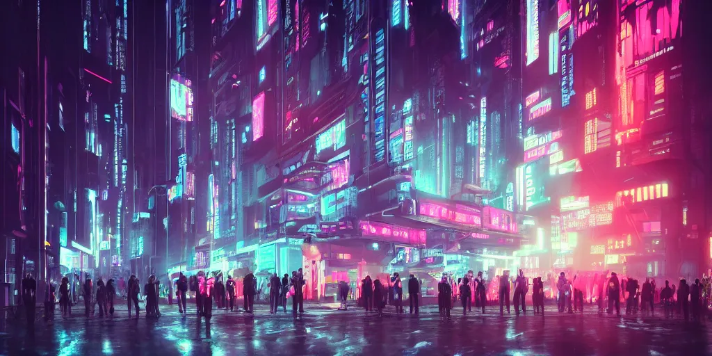 Image similar to a group of people standing outside of a building, cyberpunk art by liam wong, cgsociety, retrofuturism, glowing neon, neon, matte painting