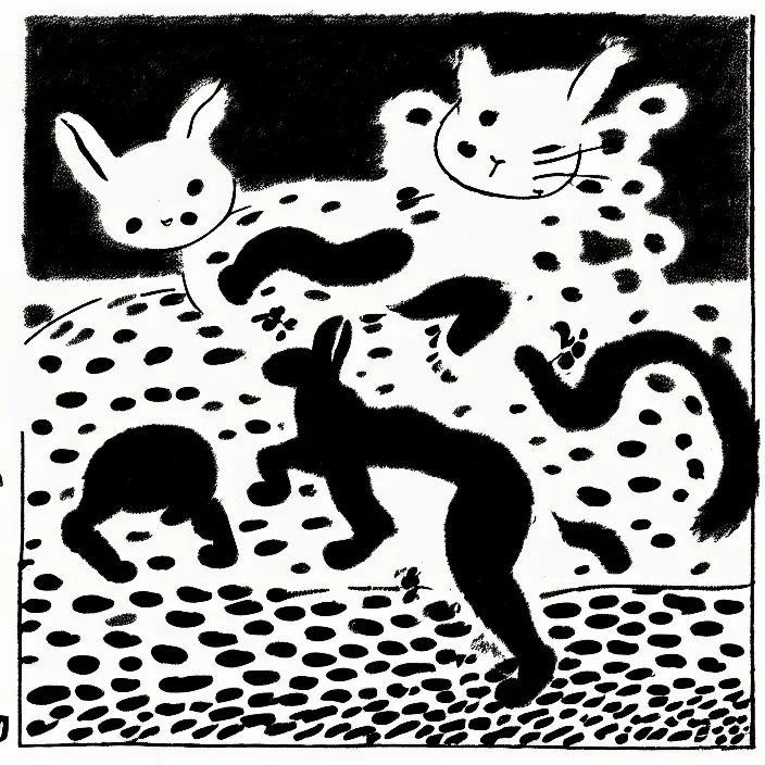 Image similar to a still frame from comic strip, black fluffy leopard dancing with rabbit in a field 1 9 5 0, silhouette, herluf bidstrup, new yorker illustration, monochrome contrast bw, lineart, manga, tadanori yokoo, simplified,