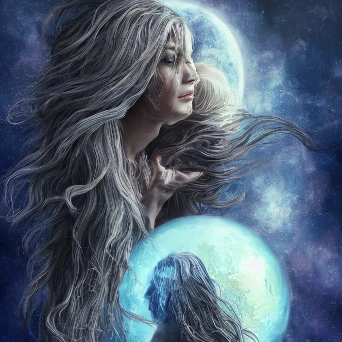 Image similar to beautiful celestial woman with long hair wrapping downward into planet seen for space, hyper-detailed, smooth, sharp focus, depth map, digital painting, apocalyptic art, fantasy dark art, 4k ultra hd, cinematic