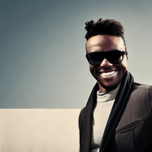 Prompt: a smiling cool black man with sunglasses, clean shaven, neo noir style