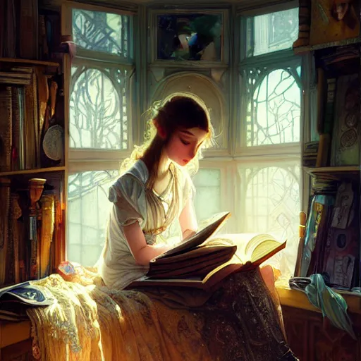 Image similar to Portrait of a girl in cluttered room, reading a book under the skylight, fantasy, intricate, elegant, highly detailed, digital painting, artstation, concept art, smooth, sharp focus, illustration, art by Krenz Cushart and Artem Demura and alphonse mucha