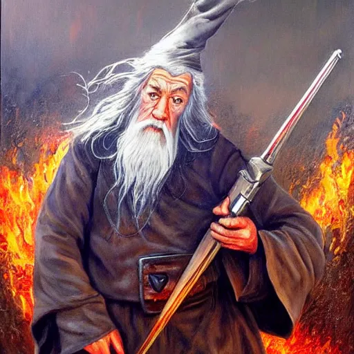 Prompt: gandalf with a machine gun, oil painting, war photo, anger, fire, dramatic, very detailed, 4k, by Jeffrey Smith and Erin Hanson and Chad Knight