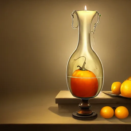 Image similar to still art, antique jug with palms inside, old candle, much vegetables, lemon, orange, pepper, cinematic light, detailed, digital art, concept art, trending on artstation, highly detailed, intricate, sharp focus, digital art, 8 k