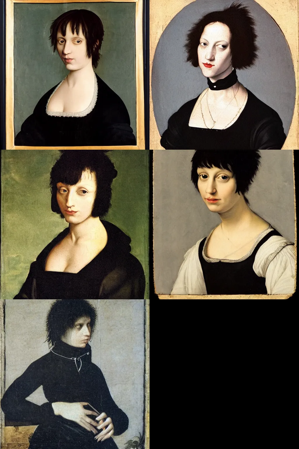 Prompt: an emo portrait by alessandro allori. her hair is dark brown and cut into a short, messy pixie cut. she has a slightly rounded face, with a pointed chin, large entirely - black eyes, and a small nose. she is wearing a black tank top, a black leather jacket, a black knee - length skirt, and a black choker..