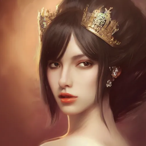 Prompt: a beautiful and elegant queen by wlop, black hair, closeup headshot, 8 k, high detailed, style of ghost blade, ultra - realistic painting, trending on artstation, cg rendering.