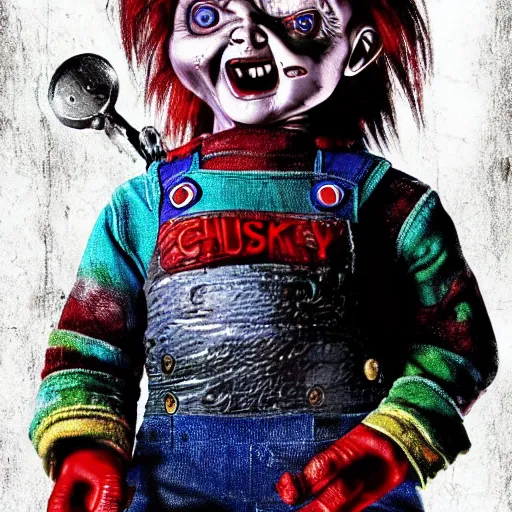 Image similar to chucky the doll and jigsaw digital art 4 k detailed super realistic