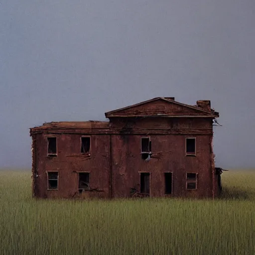 Image similar to an abandoned old rusty American house on a field in style of Zdislaw Beksinski