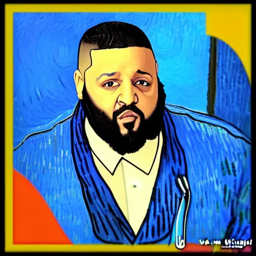 Image similar to ultra realistic portrait of dj khaled in a studio, ultra detailed, under blue, red and yellow cinematic lighting, by van gogh, cartoon, monument valley, escher