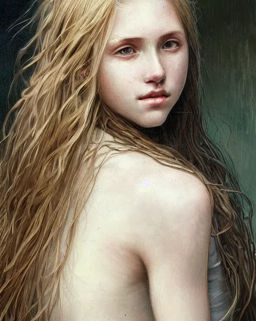 Image similar to portrait of 1 6 - year - old woman with dirty blonde hair down to her waist, pale eyebrows and protuberant silver eyes, wearing white shirt, hyper realistic face, beautiful eyes, fantasy art, in the style of greg rutkowski, intricate, alphonse mucha, hyper detailed, smooth