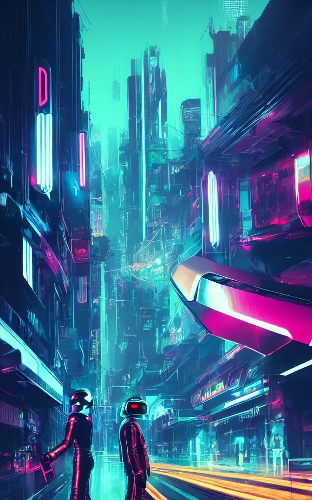 Prompt: concept art of daft punk at a magnificent dark neon futuristic cyberpunk city bustling street at night cyberart by liam wong in the film akira rendered in octane, 3 d render, trending on cgsociety, blender 3 d