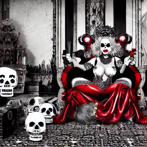 Prompt: cruella de vil as drug cartel queen, sitting on an ornate golden throne, decorated with dia de los muertos decorations, offerings on the floor, looking at viewer, black & white photo with red, film noir cinematic dynamic lighting, hyper realistic, hyper detailed, 8 k