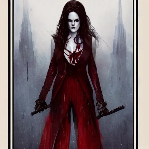 Image similar to portrait of beautiful riley keough as a vampire in bloody business suit, blood red eyes, fantasy, intricate, elegant, highly detailed, by greg rutkowski, cinematic movie poster