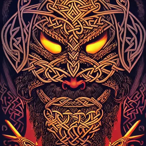 Prompt: barong family member, viking warrior, viking beard, reindeer horns, runic inscription, mammoth, wiwek, mara demon, one single tribe member, jungle, one single mask, dark, ancient warrior, tribal, inner glow, art by dan mumford and justin gerard