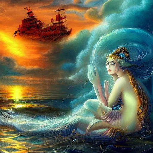 Image similar to musical sea goddess lulling pirates to sleep, beautiful composition, wide angle, colorful, cinematic, volumetric lighting, intricate details painting