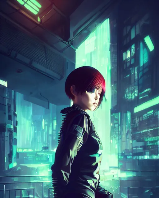 Image similar to beautiful lady wearing cyberpunk streetwear, detailed portrait, 4 k, vivid colours, concept art by wlop, ilya kuvshinov, artgerm, krenz cushart, greg rutkowski, pixiv. cinematic dramatic atmosphere, sharp focus, volumetric lighting, cinematic lighting, studio quality