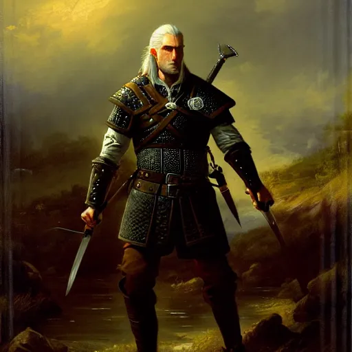 Prompt: geralt of rivia by andreas achenbach