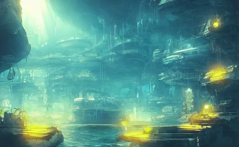 Prompt: “A scenic view of an abandoned underwater city from below, butterflyfish, jellyfish, sunlight, cyberpunk, high definition, light effect, trending on artstation, blue and yellow color scheme”