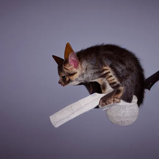 Prompt: a long exposure shot of a bat kitten working on a readymade object, archival pigment print