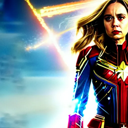 Image similar to Elizabeth Olsen as Captain Marvel, marvel, movie screenshot, cinematic lighting