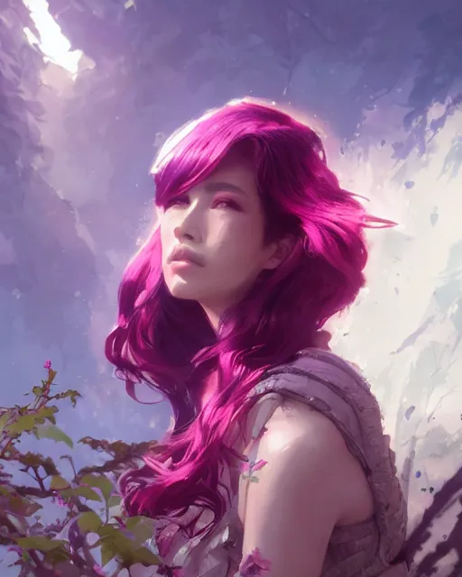 Prompt: a highly detailed image of A beautiful woman basking, with medium length magenta hair covering an eye, and a tall tree, and large obsidian crystals, cinematic lighting, dramatic atmosphere, by Dustin Nguyen, Akihiko Yoshida, Greg Tocchini, Greg Rutkowski, Cliff Chiang, 4k resolution, trending on artstation