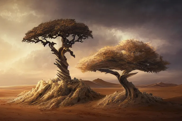 Image similar to cinematic fantasy landscape painting by jessica rossier, primordial and cosmic, desert valley of bones, an autumn maple bonsai growing alone, on a desolate sand dune surrounded by storm tossed waves hr giger