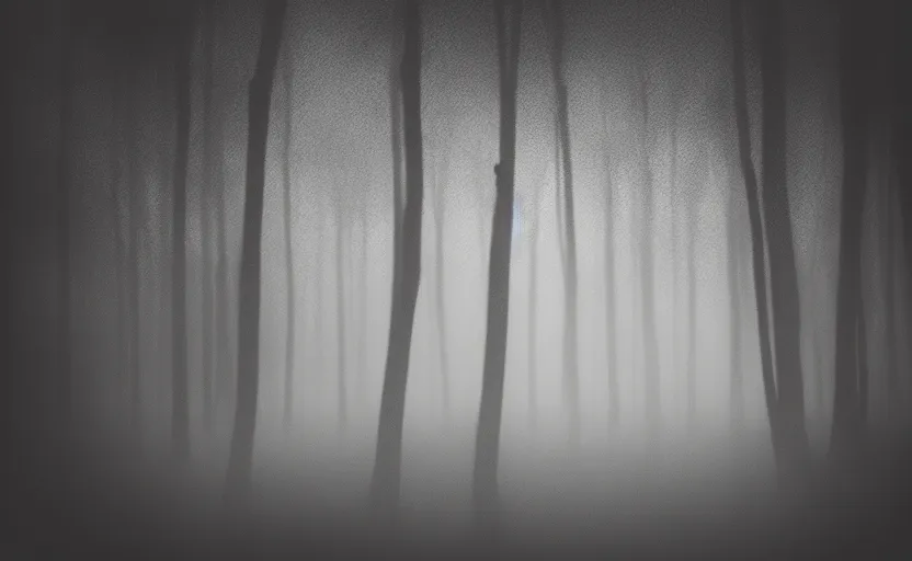 Prompt: beautiful misty wood, morning, mystic, melancholy, pinhole analogue photo quality, lomography, blur, unfocus, cinematic, foil effect, holographic effect, monochrome