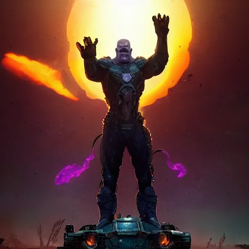 Image similar to portrait of Thanos standing on a tank in a post apocalyptic battlefield at sunrise, action pose, dramatic lighting, high contrast, cosmic horror, abstract, masterpiece, trending on ArtStation, by Moebius, blizzard concept artists, Greg Rutkovski and by Craig Mullins and by Ismail Inceoglu, backlight, rim lighting, god rays, lens flare, james cameron, cinematic, film still-H 704