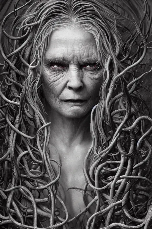 Image similar to realistic portrait beautiful detailed matte painting of cinematic movie scene a crazed old woman with long white hair, tentacles, thorns, vines, horror, created by gustave dore and greg rutkowski, high detailed, smooth draw, synthwave neon retro, intricate, realistic proportions, dramatic lighting, trending on artstation.