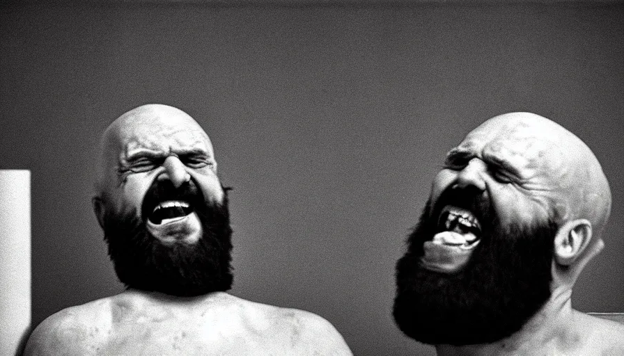 Prompt: 1 9 6 0 s movie still close - up of chrysippus of solis hysterically laughing on the floor blood down the mouth in a neoclassical marble room, cinestill 8 0 0 t 3 5 mm, high quality, heavy grain, high detail, dramatic light, anamorphic, detailed beard, by josef sudek