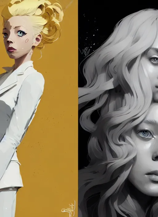 Image similar to highly detailed closeup portrait of beautiful portia doubleday, blonde wavy hair, angela moss, white suit by atey ghailan, by greg rutkowski, by greg tocchini, by james gilleard, by joe fenton, by kaethe butcher, gradient yellow, black and white color scheme, grunge aesthetic!!! ( ( graffiti tag wall background ) )