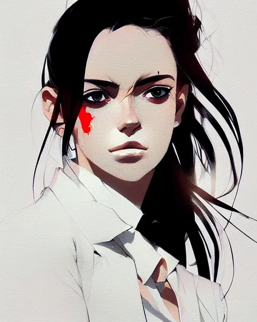 Image similar to a ultradetailed beautiful panting of a stylish woman, she is wearing a white shirt with a tie and black pants, by conrad roset, greg rutkowski and makoto shinkai trending on artstation