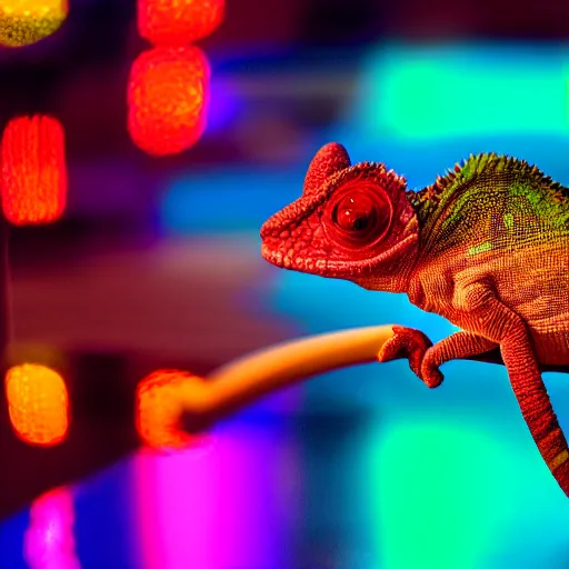 Image similar to Chameleon, rain, neon lights reflecting off the street, low wide shot, 8k, colorful, award winning photo